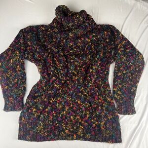 Vtg 90s Y2K Fuzzy Sweater S Black Colorful Chunky Knit Oversized‎ Turtleneck EUC